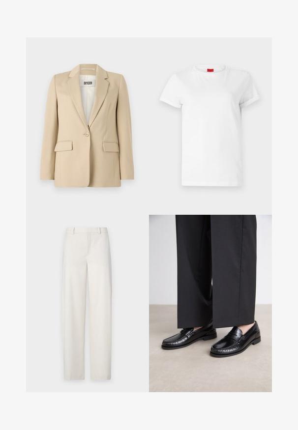 Beige blejzr s klopovými reverzy, zapínáním na jeden knoflík, dvěma předními kapsami a hladkým povrchem. Na vnitřní straně je viditelná etiketa s nápisem "DRYKORN."; Bílý tričko s krátkým rukávem vyrobené z lehké bavlny. Má kulatý výstřih a ohrnuté rukávy. Červená nášivka s logem na límci.; Světlobéžové kalhoty vyrobené z hladké látky, s rovnýcm střihem, plochým předním dílem, páskovými smyčkami a bočními kapsami.; Černé kožené loafers s hladkým povrchem, prošívané detaily kolem špičky a nízkou gumovou podrážkou. V kombinaci s širokými černými kalhotami.