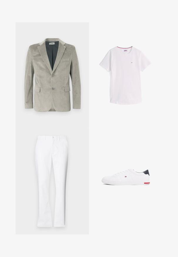 Light gray corduroy blazer featuring a notched collar, two buttons, two front pockets, and a smooth inner lining. Textured fabric with vertical ridges.; White short-sleeve crew neck T-shirt with small Tommy Hilfiger logo on chest and red, white, and blue trim inside collar.; White cotton trousers with a straight-leg design, front pockets, a single button closure, and a smooth texture.; White low-top sneakers made of smooth leather. Features a navy heel cap and a red accent on the sole. Six eyelets for laces.