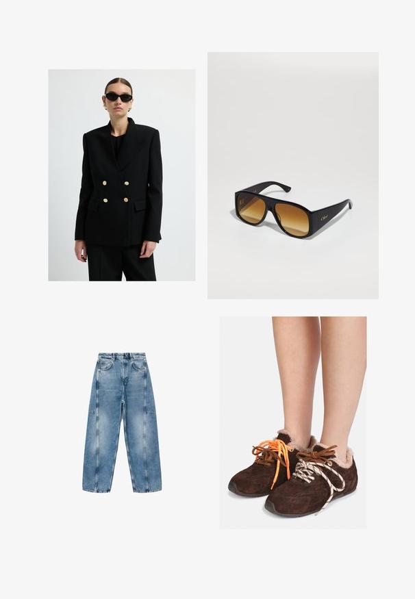 Černý dvouřadý blazer ze strukturovaného materiálu s akcenty zlatých knoflíků a ostrým širokým klopem. Modelka má na sobě černé sluneční brýle.; Šedý krátký svetr vyrobený z měkkého, chlupatého materiálu. Má dlouhé rukávy a kulatý výstřih, s hladkou a lehkou texturou.; Bílý krátký rukáv T-shirt vyrobený z měkké bavlny, s kulatým výstřihem a volným střihem se zahnutými detaily. Bez vzorů nebo akcentů.; Svetle modré džíny mají volný střih, velké kapsy a kontrastní švy. Tkanina má vybledlý vzhled a hladkou texturu.; Hnědé semišové nazouvací boty s kožešinovou podšívkou nošené na nahých nohách, vybavené nesouměrnými tkaničkami: jedna oranžová a jedna bílá s černými pruhy.; Černé obdélníkové sluneční brýle s hnědými gradientními skly. Vyrobeny z plastu, mají hladký povrch a jemné zlaté logo na ramínku.