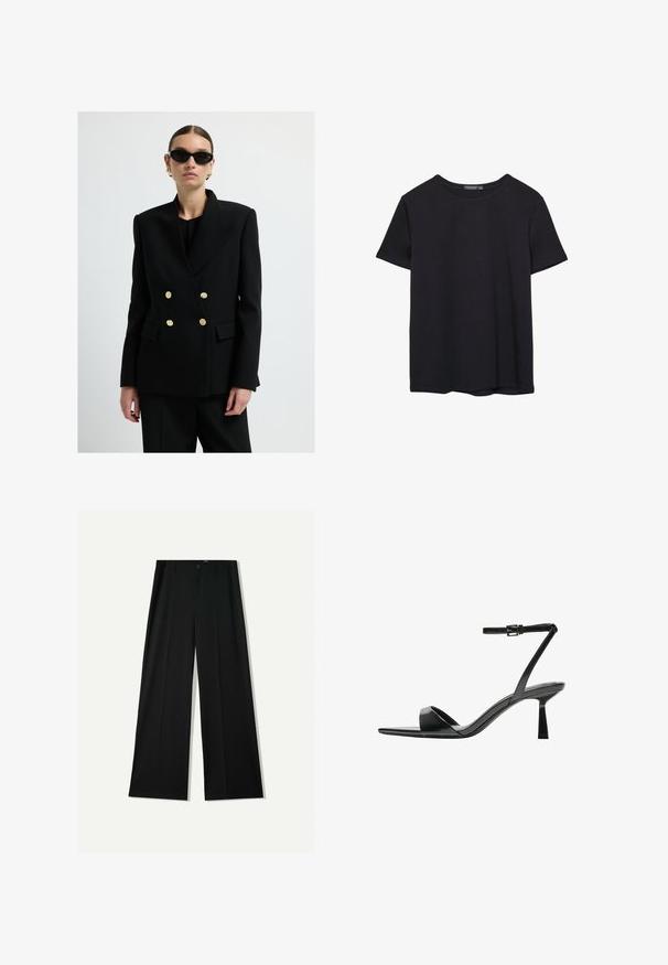 Svart dubbelknäppt blazer i en strukturerad tyg, med detaljer i guldknappar och breda, skarpa slag. Modellen bär svarta solglasögon.; En enkel svart bomulls T-shirt med kort ärm och rund hals, uppvisad på en vit bakgrund.; Bershka WIDE - Tygbyxor - black; Bershka Sandaletter - black