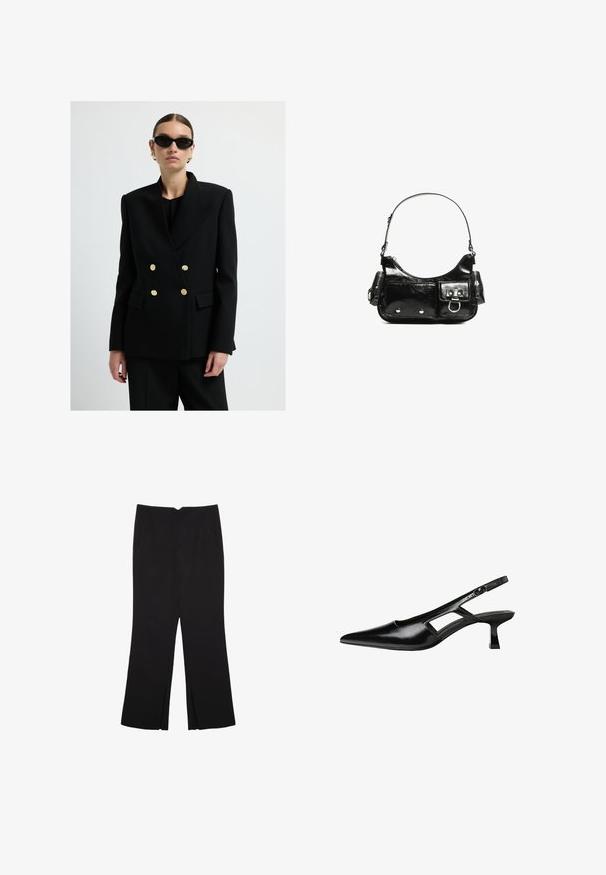 Musta kaksirivinen bleiseri rakenteellisessa kankaassa, jossa on kultanapilla varustettuja yksityiskohtia ja terävä leveä kaulus. Mallilla on päällä mustat aurinkolasit.; Mustat pitkät hihat lyhyt toppi, jossa on pyöreä kaula-aukko, yksinkertainen muotoilu ja hieman kaareva helma.; Mustat housut suoralinjaisella leikkauksella, joissa on etutaskut ja sivurei'ät helman alla. Valmistettu pehmeästä ja sileästä kankaasta. Sopii eri tilaisuuksiin.; Mustat lakatut nahkakengät, joissa on viistopää, leikattu sivusuunnassa ja pieni neliökoroke. Sujuva pinta, jossa on minimaalinen koristelu.; Mustekko mustasta kiiltonahasta valmistettu käsilaukku, jossa on kaareva muoto, yksi olkahihna, etutaskut ja hopeanväriset yksityiskohdat.