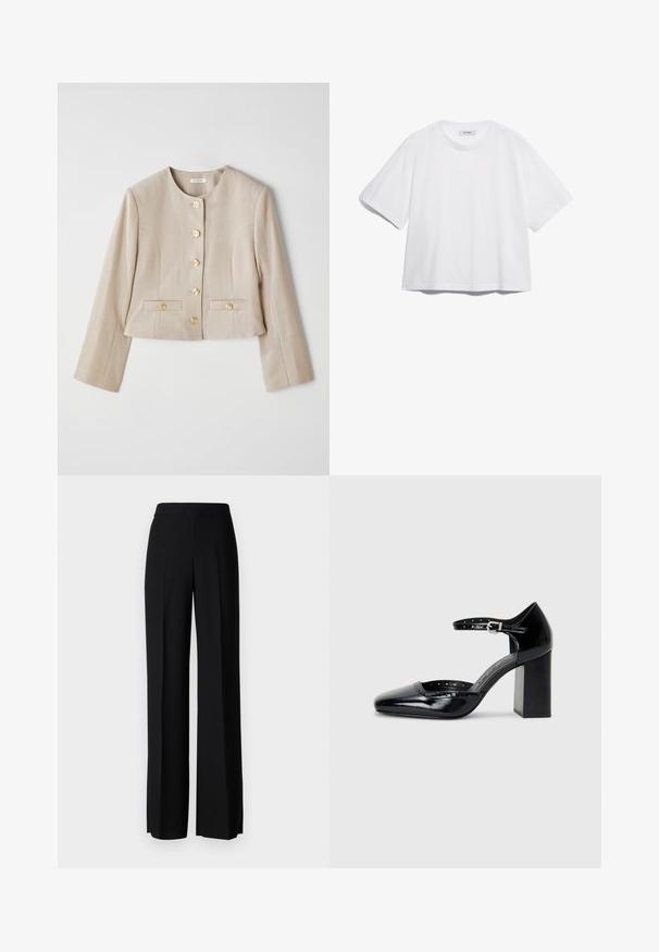 Beige zkrácená bunda vyrobená z texturované látky, s kulatým výstřihem, šesti zlatými knoflíky a dvěma předními kapsami s klopami na knoflíky.; Bílý bavlněný tričko s krátkými rukávy, kulatým výstřihem, volným střihem a bez viditelných vzorů nebo grafik. Hladká textura a jednoduchý design.; Černé kalhoty s širokým střihem a hladkým povrchem, s vysokým pasem a středovými skladbami. Žádné viditelné vzory ani kovové detaily.; Černé lakované kožené vysoké podpatky se čtveratou špičkou, řemínkem kolem kotníku a masivním podpatkem. Obsahuje perforované detaily na okraji.