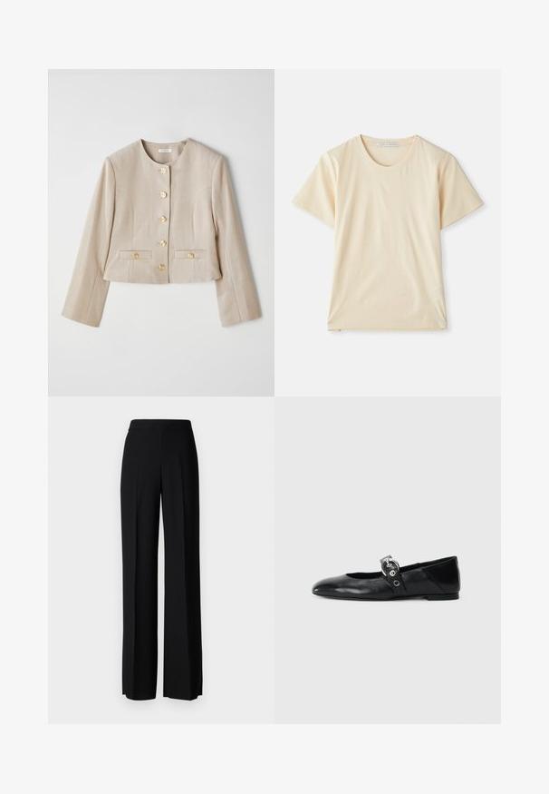 Beige cropped jacket made of textured fabric, featuring a round neckline, six gold buttons, and two front pockets with button flaps.; Cream-colored T-shirt made of soft, lightweight cotton, featuring short sleeves and a round neckline. No visible patterns or accents.; Black wide-leg trousers with a smooth texture, featuring a high waistband and center pleats. No visible patterns or hardware details.; Black leather ballet flats with a pointed toe, featuring a strap with a circular metallic buckle and a flat sole.
