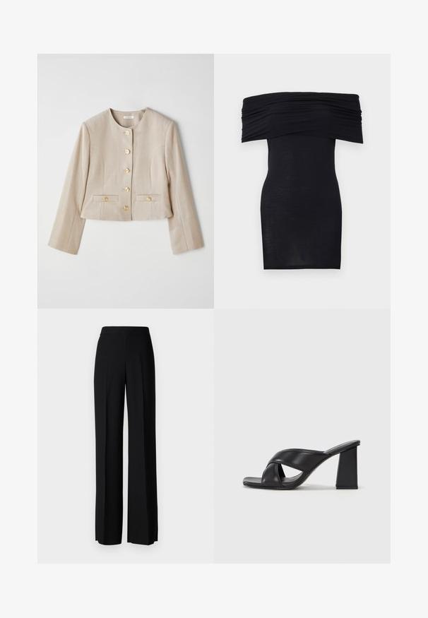 Šviesiai rudas trumpas švarkas, pagamintas iš tekstūruoto audinio, su apvaliu iškirpimu, šešiais auksiniais mygtukais ir dviem priekiniais kišenėmis su mygtukais.; Juoda su petnešomis suknelė su surinktu iškirpimu, aptempta silueto ir lygaus paviršiaus. Minimalistinis dizainas, iki kelių ilgio, be papildomų puošmenų.; Juodi platūs kelnių kelnės su lygiu paviršiumi, turinčios aukštą liemenį ir centrinės raukšlės. Nėra matomų raštų ar metalinių detalių.; MAX&Co. SOHO - Aukštakulniai sandalai - schwarz