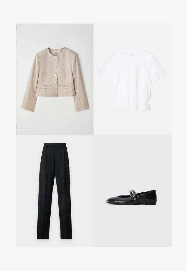 Vaaleanbeige lyhyt takki, joka on valmistettu teksturoidusta kankaasta. Takissa on pyöreä kaula-aukko, kuusi kultahippua ja kaksi etutaskua napin läpillä.; Valkoinen puuvillapaita lyhyillä hihoilla, pyöreällä pääntiellä, rentoa tyyliä ja ommeltu helma. Tunniste näkyvissä sisäkauluksessa.; Musta housut, jotka on valmistettu sileästä kankaasta ja joissa on korkea vyötärö, leveät lahkeet, etukaarteet ja klassiset vyölenkit. Ei näkyviä sivutaskuja.; Mustat nahka ballet-mokkasiinit, joissa on kärjellinen muoto, ympyrämäinen metallinen solki ja tasapohja.