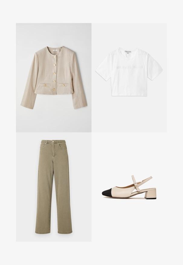 Bež jakna skraćena od teksturirane tkanine, s okruglim izrezom, šest zlatnih dugmadi i dvije prednje džepne pregrade s dugmadima.; Bijela skraćena majica od pamuka, sa kratkim rukavima i logotipom "MICHAEL KORS" u istom vezenom tekstu preko prednje strane.; Maslinasto zelene široke traperice, izrađene od denima, s visokim strukom, pet džepova i suptilnim detaljima šivanja.; Bež kožne cipele s remenom oko pete, s crnim vrhom, kvadratnim potplatom i podesivim remenčićem oko gležnja. Glatka tekstura i minimalistički dizajn.