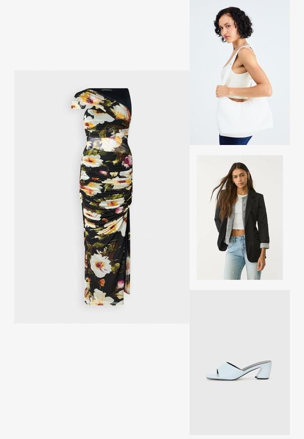 Blazer nero con design sartoriale, chiusura a un bottone e due tasche frontali; abbinato a un cardigan grigio a maglia e jeans azzurri chiari.; Abito floreale con base nera, design a spalle scoperte, texture arricciata, colori vivaci nei motivi floreali e silhouette lunga fino al pavimento.; Mule aperte di colore blu chiaro con punta aperta e design geometrico, dotate di una fascia larga che attraversa il piede e di un tacco spesso e angolare.; Borsa a spalla bianca realizzata in materiale morbido, con un ritaglio ovale e un design a tracolla ampia. Semplice e moderna, senza hardware visibili.