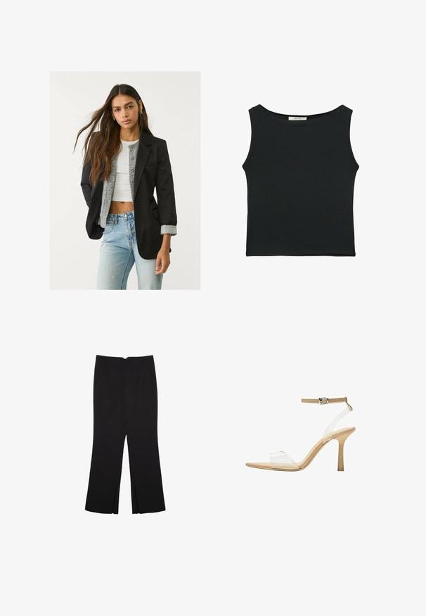 Blazer nero con design sartoriale, chiusura a un bottone e due tasche frontali; abbinato a un cardigan grigio a maglia e jeans azzurri chiari.; Top senza maniche nero realizzato in tessuto morbido, caratterizzato da un collo arrotondato e un design aderente senza motivi visibili o decorazioni.; Pantaloni neri a gamba dritta, con tasche frontali e spacchi laterali all'orlo. Realizzati in tessuto morbido e liscio. Adatti a diverse occasioni.; Sandal con tacco trasparente e parte superiore trasparente, plantare beige e una sottile cinghia alla caviglia. Presenta una punta appuntita e un tacco alto e sottile.