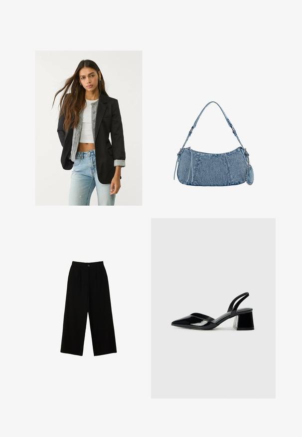 Schwarzer Blazer mit taillierter Passform, Ein-Knopf-Verschluss und zwei vorderen Taschen; kombiniert mit einem grauen Strickcardigan und hellblauen Jeans.; Weißes T-Shirt aus weichem, leichtem Stoff. Mit runder Halslinie und kurzen, weit geschnittenen Ärmeln für einen lässigen Sitz. Keine sichtbaren Muster.; Schwarze weit geschnittene Hose aus einem glatten Material, mit hoher Taille, Vorderfalten und einem einzelnen Knopfverschluss vorne.; Schwarze Lackleder-Slingback-High Heels mit spitzem Schuh und einem geometrischen Blockabsatz. Verfügt über ein schlankes, minimalistisches Design und eine glatte Textur.; Denim-Handtasche mit geschwungener Form, hellblauer Farbe, verstellbarem Schultergurt und einem kleinen abnehmbaren Täschchen mit metallischen Akzenten.