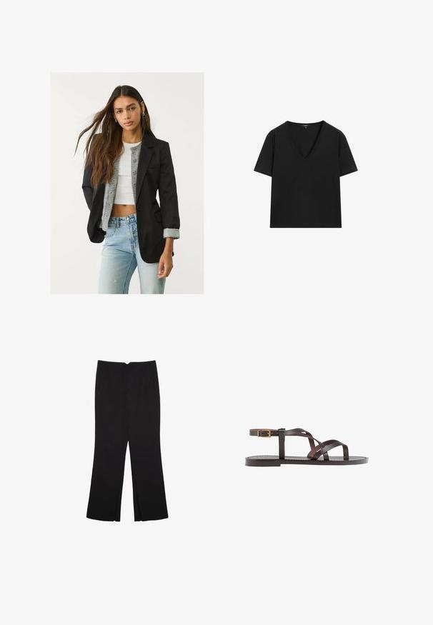 Blazer nero con design sartoriale, chiusura a un bottone e due tasche frontali; abbinato a un cardigan grigio a maglia e jeans azzurri chiari.; Maglietta nera a maniche corte con scollo a V, dal design semplice e aderente, su sfondo bianco.; Pantaloni neri a gamba dritta, con tasche frontali e spacchi laterali all'orlo. Realizzati in tessuto morbido e liscio. Adatti a diverse occasioni.; Sandal in pelle marrone con cinturini incrociati, chiusura con cinturino alla caviglia e suola piatta con dettagli di cucitura minimi.
