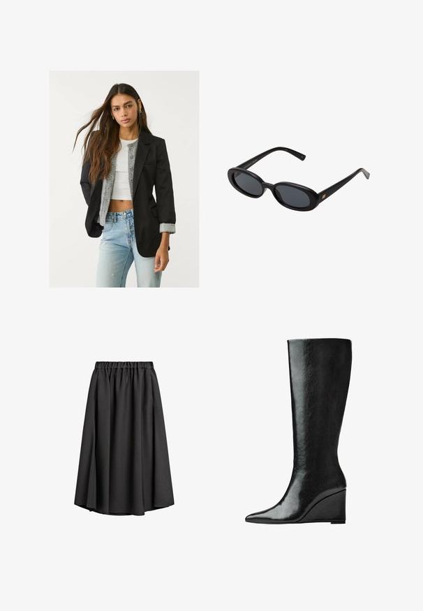 Blazer noir avec un design soigné, fermeture à un bouton et deux poches avant ; associé à un cardigan en tricot gris et un jean bleu clair.; Chemise à manches longues en tissu doux de couleur bleu clair. Présente un grand col en forme de U et une coupe droite avec des fentes sur les côtés. Texture lisse.; Jupe midi noire en tissu léger et fluide, avec une taille élastique et une légère silhouette en A. Aucun motif ou accent visible.; Bottes en cuir noires jusqu'aux genoux avec un bout pointu et un talon compensé. La surface est lisse avec une finition brillante.; Lunettes de soleil noires surdimensionnées avec des verres ovoïdes, monture en plastique lisse et accents dorés sur les tempes. Les verres sombres offrent une protection contre le soleil.; Sac à main en faux cuir bleu clair avec une forme structurée, des accents en matériel doré, une poche zippée et des détails de franges décoratives sur les côtés.