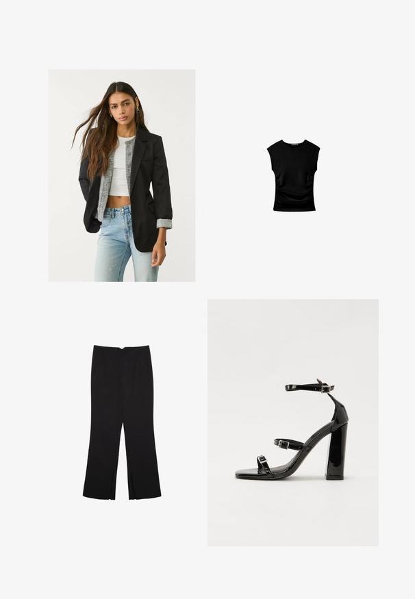Svart kavaj med skräddarsydd design, enkel knappstängning och två framfickor; kombinerad med en grå stickad cardigan och ljusblå jeans.; Svart kortärmad topp med en figurnära silhuett, med insläppta sidsömmar och ett mjukt, elastiskt tyg för komfort.; Svarta byxor med rak passform, utrustade med framfickor och sidoklyvningar vid fållen. Tillverkade av mjukt, slätt tyg. Lämpliga för olika tillfällen.; Svarta lackerade klacksandaler med fyrkantig tå, ankelremmar och silverfärgade spännen. Har en kraftig blockklack för stabilitet.