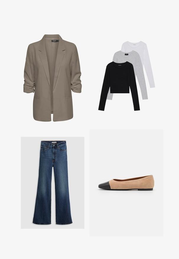 Blazer bej, cu croi lejer, fabrică netedă, are mâneci suflate, două buzunare laterale și un design cu rever zimțat.; Trei bluze cu mânecă lungă așezate: neagră, gri și albă. Fiecare are un guler rotund și un design scurt, realizat dintr-un material fin și ușor.; Blugi cu croială largă din denim albastru închis, cu talie înaltă, design cu cinci buzunare și cusături contrastante pe margini și talie.; Baletă din suede bej cu vârf rotund din piele neagră, toc jos și textură netedă, având cusături minime și un design curat.