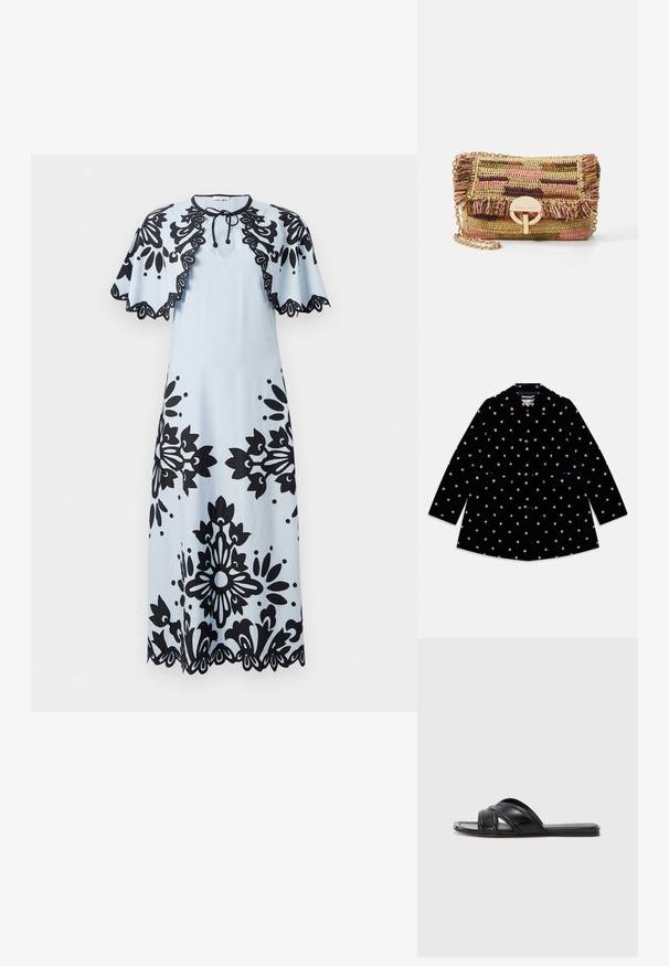 Melna samta mētelis ar maziem rozā rakstiem, noapaļots apkakle, priekšējie pogas un divas priekšējās kabatas.; Gaiši zila kleita ar melniem ziedu rakstiem, īsiem kapakaņiem, apaļu kakla izgriezumu un viļņotu apmalīti. Aizdare kakla rajonā ar saitīti.; Melni slide čības ar gludu ādas apdari, ar krustveida siksnām un izgriezumiem, kā arī platu, elastīgu zoli.; Vanessa Bruno MOON - Plecu soma - multico/jaune