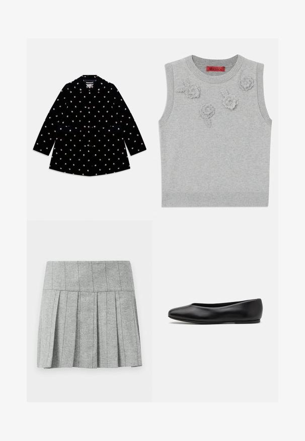 Schwarzer Samtmantel mit kleinen Rosenmustern, rundem Kragen, vorderen Knöpfen und zwei Vordertaschen.; Hellgrauer ärmelloser Pullover mit einem gerippten Hals- und Saumabschluss. Verfügt über drei strukturierte Blumenapplikationen auf der Vorderseite. Markenlabel: MAX&Co.; Grauer, gefalteter Rock aus Fischgrätstoff; verfügt über einen strukturierten Bund und einen geraden Schnitt am Saum.; Paul Smith TOPANGA - Klassischer Ballerina - black