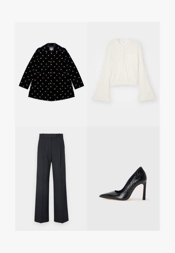 Čierny zamatový kabát s malými vzormi ruží, okrúhlym golierom, prednými gombíkmi a dvoma prednými vreckami.; Ribovaný krémový polo tričko s dlhými rozpätými rukávmi a päťtlačidlovou légou. Obsahuje golier s jemnou textúrou.; Tmavomodré pruhované nohavice s vysokým pásom, širokými nohavicami a bez viditeľného hardvéru alebo ozdôb. Hladká textúra a prispôsobený strih.; Čierna lodička s špicatou špičkou a lakovanou textúrou krokodíla, s elegantným dizajnom, vysokým stiletto podpätkom a hladkým čiernym interiérom.