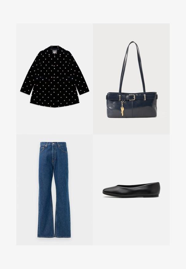 Black velvet coat with small rose patterns, rounded collar, front buttons, and two front pockets.; Striped button-up shirt with a white base, featuring narrow multi-colored lines in blue, orange, and green. Long sleeves and a classic collar.; Blue denim flared jeans with a high waist, featuring five pockets, a silver button closure, and visible stitching accents.; Paul Smith TOPANGA - Ballet pumps - black; Navy leather handbag with two long handles, a buckle detail, and a keychain attached. Features a smooth texture and a rectangular shape.