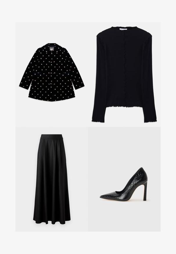 Zwarte fluwelen jas met kleine rozenpatronen, ronde kraag, voorrijgsels en twee voorkwakken.; Zwarte longsleeve top van zachte stof. Heeft een scalloped halslijn en zoom, met een eenvoudig, passend ontwerp. Geen extra versieringen.; Zwarte rok tot op de vloer met een gladde textuur, brede tailleband en geplooid ontwerp, zonder zichtbare patronen of versieringen.; Zwarte puntige hoge hak schoen met een krokodillenleren textuur, met een slank ontwerp, hoge stiletto-hak, en een gladde zwarte binnenkant.