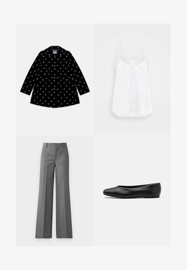 Sort fløjlsfrakke med små rose mønstre, rund krave, frontknapper og to forlommer.; Hvid camisole med v-udskæring, tynde stropper, teksturerede blonde detaljer ved skuldrene og en buet nederkant. Glat stoftekstur.; Grå bukser med vidde i et tekstureret stof. Har frontfolder, en tætsiddende talje og en poleret finish, ideel til formelle anledninger.; Paul Smith TOPANGA - Ballerinasko - black