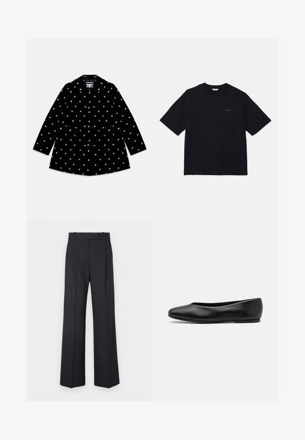 Mustaharja sametjakki, jossa on pieniä ruusukuviota, pyöreä kaulus, etunapit ja kaksi etutaskua.; Musta lyhytnukkainen t-paita, joka on valmistettu puuvillasta. Paita on varustettu pyöreällä kaula-aukolla sekä pienellä logolla vasemmassa rinnassa. Pinta on sileä ja muotoilu rento.; Tummansiniset raidalliset housut, joissa on korkea vyötärö, leveät lahkeet ja ei näkyviä metalliosia tai koristeita. Sileä pinta ja räätälöity istuvuus.; Paul Smith TOPANGA - Ballerinat - black
