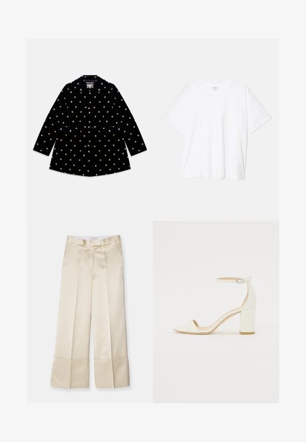 Čierny zamatový kabát s malými vzormi ruží, okrúhlym golierom, prednými gombíkmi a dvoma prednými vreckami.; Biely bavlnený tričko s krátkymi rukávmi, okrúhlym výstrihom, voľným strihom a prešitým lemom. Štítok viditeľný na vnútornom krku.; Béžové nohavice s širokými nohavicami vyrobené z hladkej tkaniny, s vysokým pásom, prehnutým predným dielom a zloženým lemom, obsahujú bočné vrecká a čistý finiš.; Biele kožené sandále na blokovom podpätku s remienkom okolo členku a minimalistickým dizajnom. Otvorená špička a hladké textúry po celom povrchu.