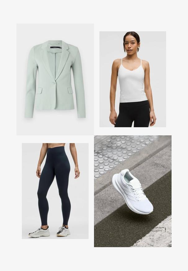 Svetlozeleni blejzer iz gladkega materiala, z zareznim ovratnikom, enojnim gumbom in dvema sprednjima žepoma. Dolgi rokavi.; Bela majica brez rokavov s tankimi naramnicami, oblikovana v V-izrezu, s prilegnjeno silhueto. Gladka tekstura, minimalne podrobnosti, nosi se z črnimi legicami.; Visoke modre legice iz elastičnega materiala, ki se ponašajo z gladko teksturo in oprijetim dizajnom. Nosi se jih z belimi in črnimi športnimi čevlji.; Bela športna čevelj z zgornjim delom iz mrežastega materiala, vezalnim oblikovanjem in teksturiranim podplatom. Opazne so subtilne znamke in brezšivne konstrukcijske podrobnosti.