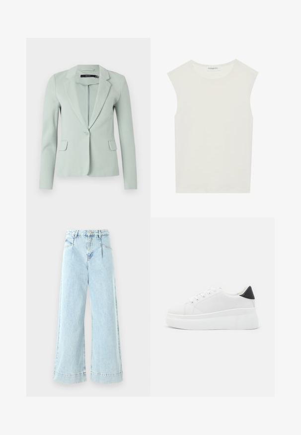 Blazer verde claro hecho de tela suave, con solapas de muesca, cierre de un solo botón y dos bolsillos delanteros. Manga larga.; Top blanco sin mangas con escote redondo. Hecho de una tela suave, presenta un corte relajado y un diseño minimalista. Sin patrones ni acentos.; Jeans de mezclilla de pernera ancha en azul claro, con una cintura alta, bolsillos frontales y detalles cosidos en el dobladillo.; Zapatillas de plataforma blancas hechas de material sintético suave, con punta redondeada, diseño de cordones y suela de goma texturizada. Acento en el talón negro.