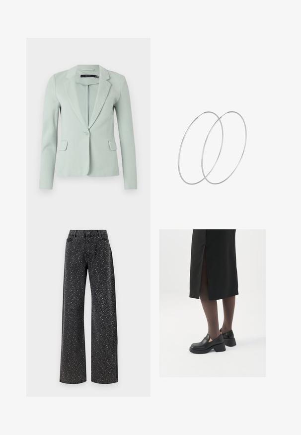 Gaiši zaļš žakets no gludas auduma, ar ieliektu apakšmalu, vienu pogu, un divām priekšējām kabatām. Garas piedurknes.; Balta bezpiedurkņu topiņš no ribotā auduma, ar noapaļotu kakla izgriezumu un pieguļošu siluetu, ar minimālām šuvēm un bez rotājumiem.; Noisy May NMJANNEL LOOSE - Brīva piegriezuma džinsi - black denim; Melni ādas apavi ar noapaļotu purngalu, biezām bloku papēžiem un elastīgiem sānu akcentiem, apvienoti ar tumšām zeķubiksēm un melnu svārku ar šķirbu.; Sudraba gredzenveida auskari ar minimālistisku dizainu. Cirkulāra forma, gluda tekstūra un plāns profils. Vieglu svaru ar spīdīgu apdari.