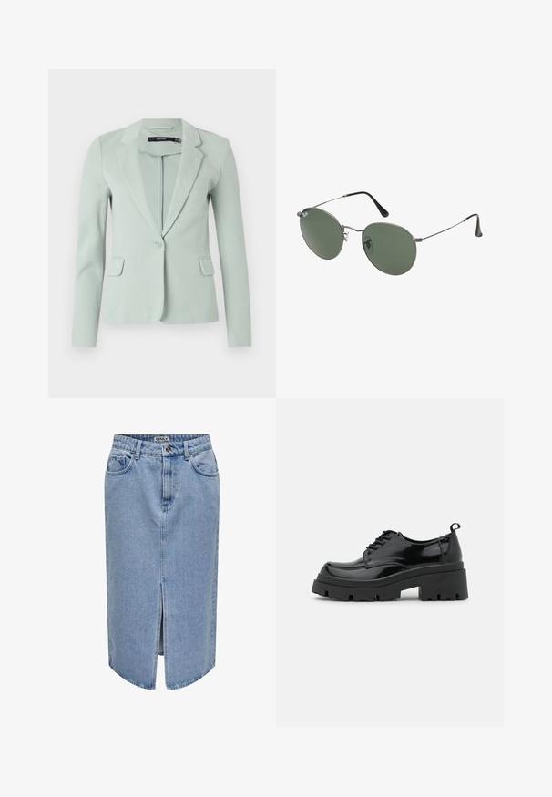Blazer verde deschis realizat dintr-un material neted, având revere cu decupaj, închidere cu un singur nasture și două buzunare frontale. Mâneci lungi.; Top scurt ribbed negru, cu decolteu rotund și fără mâneci. Fabricat dintr-un material moale și elastic, având margini finisate.; Fustă din denim de culoare albastru deschis, cu un croi drept, slit frontal, design cu cinci buzunare și fermoar cu închidere cu buton.; Pantofi din piele lacuită neagră cu o talpă platformă masivă și șireturi groase. Vârf rotunjit, detalii minime și o mică bucată de suport la spate.; Ochelari de soare cu ramă metalică, dotati cu lentile ovale verzi. Ramă subțire din metal argintiu și ușițe negre. Design minimalist, fără logo-uri vizibile.