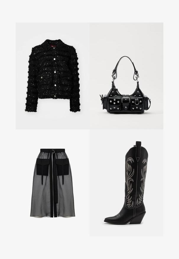 Zwarte jas van gestructureerde stof met verhoogde strepen en zilveren pailletten. Het heeft een kraag en een knoopsluiting aan de voorkant.; Zwarte lange mouw top gemaakt van doorzichtig materiaal, met een ronde halslijn, een knoopsluiting aan de voorkant en golvende randen bij de mouwen.; Zwarte doorschijnende rok met een verzameld tailleband, voorzien van twee grote voorzakken, een tailleband met strik en een ronde metalen accent.; Zwarte leren cowboylaarzen met spitse neuzen, wiggenhakken en zilver geborduurde bloemmotieven langs de schacht. Contrasterende stiksels overal.; Zwarte lederen handtas met een gebogen ontwerp, voorzien van zilveren studs, een gesp en twee zijvakken. Verstelbare schouderband voor verschillende draagmogelijkheden.