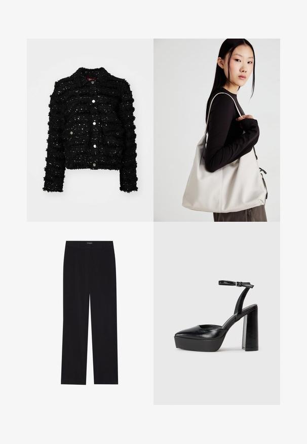 Mustamantel, millel on tekstuuriga kangas, kus on üles tõstetud ribad ja hõbedased sädelevad litrid. Sellel on kaelariba ja eest nööpidega sulgemine.; Must muströöpidega must puuvillane T-särk, vasakul rinnal on väike roosa liblikas. Ümar kaelus ja vabalt istuv lõige.; Mustad sametpüksid sirge lõikega, lame vöökoht, ilma nähtavate taskuteta, sile tekstuur ja vertikaalne soonikute detail.; Mustad platvormi kontsad terava ninaga ja reguleeritava pahkluuraamiga. Valmistatud siledast nahast, funktsioneerib massiivse plokknäheeliga.; Bež käekott pehme materjali, millel on lõtv disain, õmblustega detailid ja kaks õlarihma. Sobib igapäevaseks kasutamiseks.