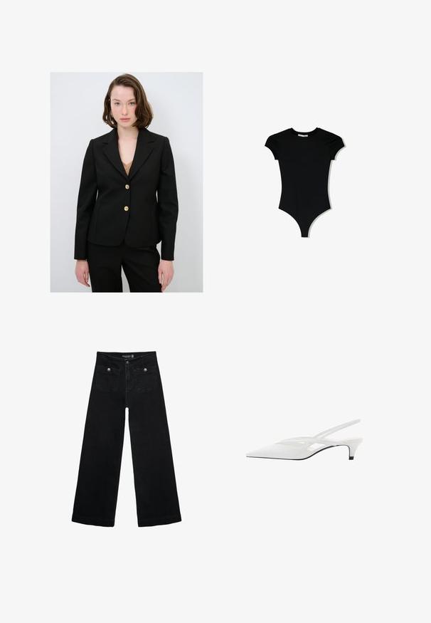 Černý blazer s přiléhavým střihem, jednobotonový, se zlatými knoflíky a špičatými klopami. Vyroben z hladkého materiálu, v kombinaci s béžovým topem.; Černý body s krátkým rukávem, kulatým výstřihem a vysokými rozparky na nohavicích, vyrobený z hladkého, elastického materiálu.; Černé široké džíny s vysokým pasem, obsahující dvě přední kapsy a kovové knoflíkové detaily. Látka má hladkou texturu.; Bílé slingback podpatky se špičatou špičkou, s hladkým svrškem, jemnými výřezy a nízkým blokovým podpatkem. Černá podrážka zvýrazňuje design.