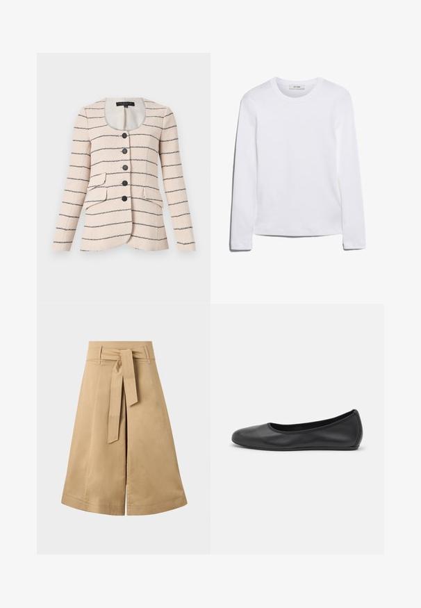 Beige vævet jakke med tynde sorte striber, rund halsudskæring, knaplukning og to forlommer. Struktureret stof med let skær.; Langærmet hvid T-shirt lavet af ribbet bomuld, med rund halsudskæring og lige kant. Simpelt design uden mønstre eller accenter.; Khaki midi indpakningsskørt med bindebånd, lavet af letvægtsbomuld, med en udvidet silhuet og synlige syninger.; Sort læderballetsko med rund tå, glat tekstur, minimal syning og et fleksibelt såldesign.