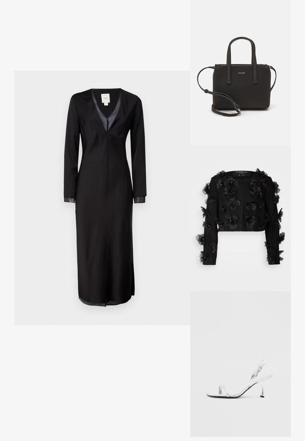 Custommade GENIEVE - Blazer - meteorite; Sort langærmet kjole i glat stof, med en dyb V-udskæring, satin detaljer på kraven og sidesplitter for nem bevægelse.; Sølv patentlæder slingback højhælede sandal med en smal tårem, justerbar spænde og en slank hæl.; Sort håndtaske med to korte håndtag og en aftagelig skulderrem. Glat læderagtigt materiale med lynlåslukning og logo detaljer.