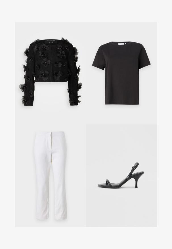 Custommade GENIEVE - Žakete - meteorite; Melns kokvilnas t-krekls ar īsām piedurknēm, apaļu kakla izgriezumu un vienkāršu, tīru dizainu. Nav redzamu rakstu vai rotājumu.; Baltas kokvilnas bikses ar taisnu kāju dizainu, ar vidēju augstumu un bez redzamām detaļām vai rakstiem. Visā virsmā ir gluda tekstūra.; Melnas ādas augstpapēžu sandales ar plānu, izliekta formas papēdi un krustenisku siksnu dizainu. Regulējama potītes siksna. Gluda tekstūra.