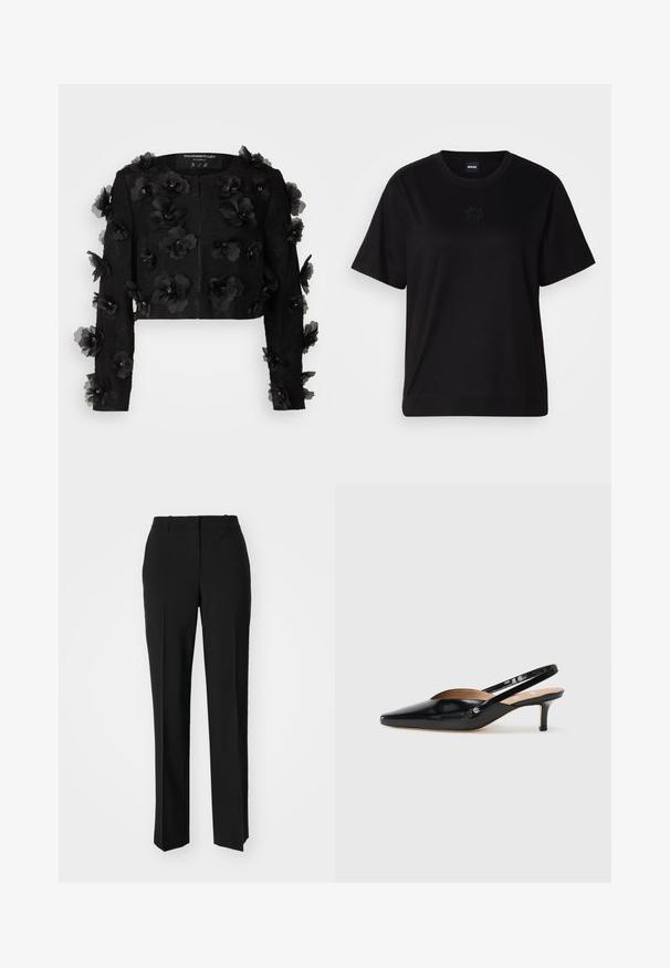 Custommade GENIEVE - Blazer - meteorite; Zwarte katoenen t-shirt met een ronde hals, korte mouwen en een geborduurd logo op de borst. Eenvoudige, comfortabele pasvorm zonder patronen.; Zwarte op maat gemaakte broek met een recht model, voorzien van een soepele textuur en scherpe plooien aan de voorkant. Geen zichtbare hardware.; Zwarte lakleren slingback pump met een puntige neus, kleine hak en een uitsnijd ontwerp op de wreef. Goudkleurige accenten aan de zijkant.