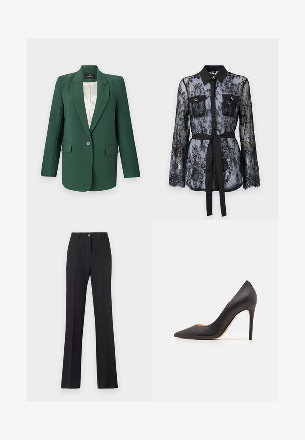 Green tailored blazer with notch lapels, single button closure, two front pockets, and a satin inner lining. Smooth fabric texture.; Black lace blouse featuring long sleeves, buttoned chest pockets, a classic collar, and a fabric belt tied at the waist. Transparent design.; Black, tailored trousers with a straight leg design. Features a button closure, belt loops, and a smooth, matte texture.; Black leather high-heeled pump with a pointed toe and smooth texture, featuring a slender heel and minimalistic design.
