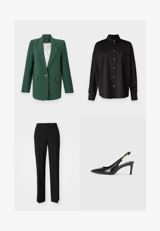 Zaļa pielāgota bleizera ar izgrieztiem klaniem, vienu pogu aizdari, divām priekšējām kabatām un satīna iekšējo oderi. Gluda auduma tekstūra.; DRYKORN LYSILA - Pogājama blūze - black; Melnas pielāgotas bikses ar taisnu kāju dizainu, kas raksturojas ar gludu faktūru un asiem krokām pa priekšu. Nav redzamu metāla detaļu.; Melna ādas augstpapēžu kurpe ar smailu purngalu, gludu tekstūru un šauru potītes siksnu ar zelta daļām.