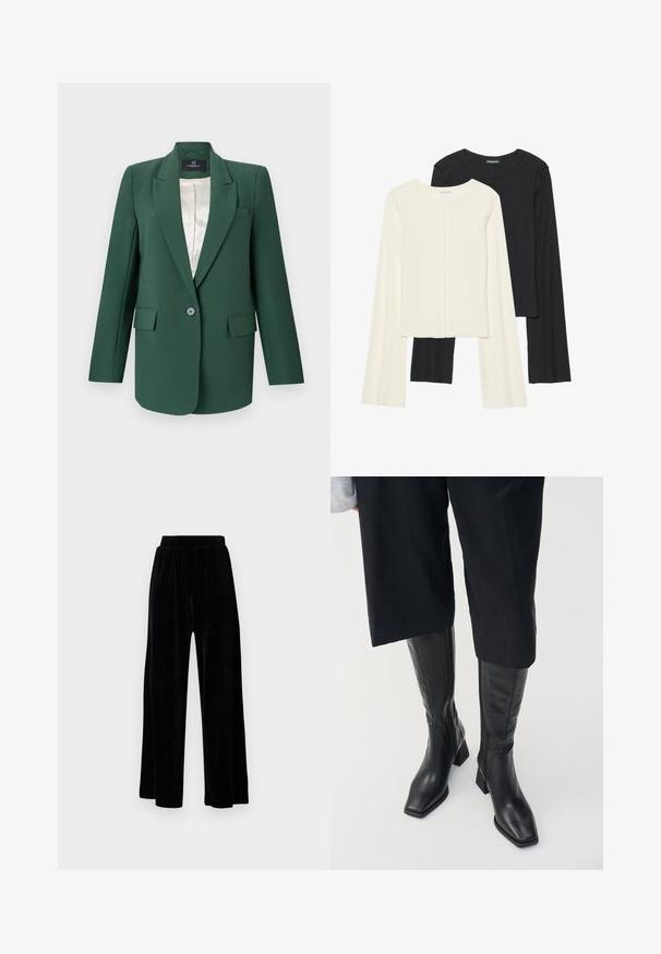 Blazer verde su misura con revers, chiusura a un bottone, due tasche frontali e foderato in satin. Tessuto dalla consistenza liscia.; Set di due maglie a maniche lunghe, bianche e nere. Texture a coste, scollo tondo, design aderente con maniche leggermente svasate.; Pantaloni neri a gamba larga realizzati in morbido velluto, dotati di una cintura elastica e una superficie liscia, senza dettagli o motivi visibili.; Stivali neri in pelle fino al ginocchio con punta quadrata e tacco a blocco. Caratterizzati da una chiusura laterale con zip e una texture liscia.