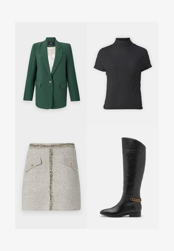 Blazer ajusté vert avec revers en notched, fermeture à un bouton, deux poches avant et doublure satinée. Texture de tissu lisse.; Haut noir à manches courtes avec col roulé, fabriqué en tissu léger à la texture lisse et à la coupe ajustée, présentant un col montant.; Jupe en tweed tissé dans un motif à chevrons noir et blanc, dotée de deux poches avant et d'une fermeture éclair dorée à l'arrière avec des bords effilochés.; Bottes en cuir noir hautes au design épuré, avec un bout pointu et un accent en chaîne dorée à la cheville. Talon bas en bloc. Texture lisse.