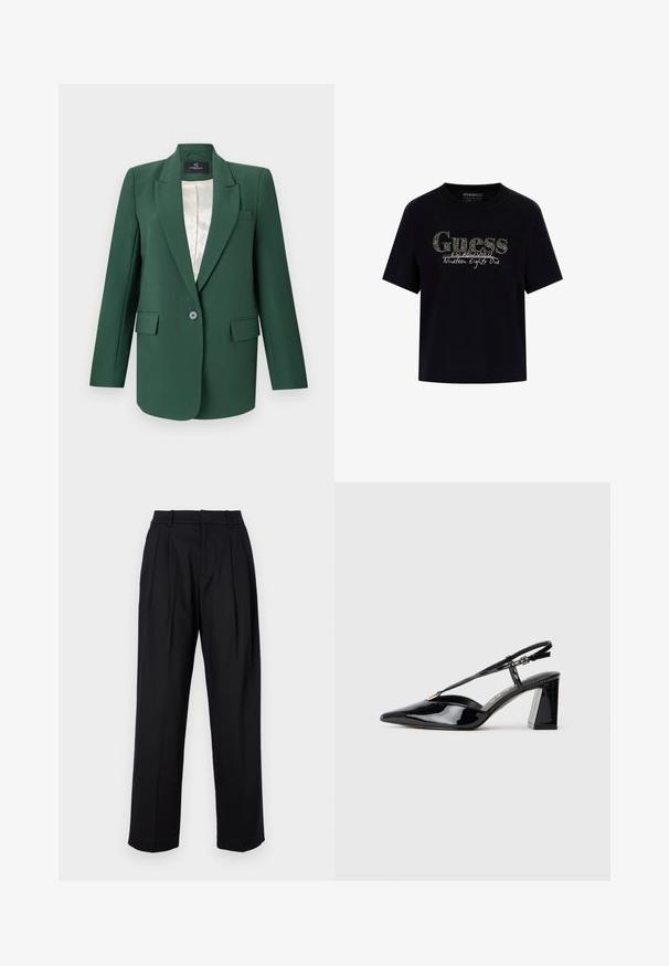 Zelen gumbast blazer s odrezanimi reverji, enostavnim zapiranjem s gumbom, dvema sprednjima žepoma in satensko podloženo notranjostjo. Gladka tekstura tkanine.; Črna bombažna majica s krožnim ovratnikom in kratkimi rokavi. Ima bleščeč logotip "Guess" in besedilo "Ustanovljeno devetnajst sto ena".; Črne hlače z krojem po meri, ki se ponašajo z visokim pasom, plitvimi gubami in ravnim krojem. Narejene so iz gladkega blaga z enotno barvo.; Črne lakirane slingback visoke pete z ostrim nosom, nastavljivim trakcem in debelim pravokotnim peto.