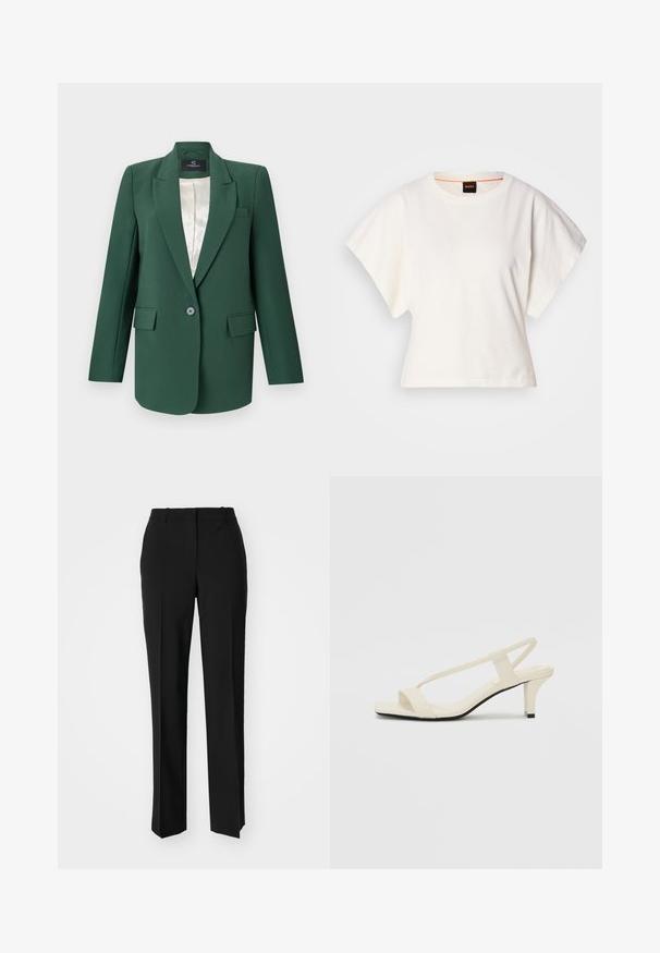 Blazer ajusté vert avec revers en notched, fermeture à un bouton, deux poches avant et doublure satinée. Texture de tissu lisse.; T-shirt blanc cintré, manches courtes et larges, en coton doux, décolleté rond avec une discrète bordure orange, design minimaliste, sans motifs ni graphiques.; Pantalon noir ajusté avec une coupe droite, présentant une texture lisse et des plis nets sur le devant. Aucune quincaillerie visible.; Sandales beiges à talons carrés avec des fines brides et un bout carré. Matière lisse avec des détails minimaux, conçues pour un port facile.