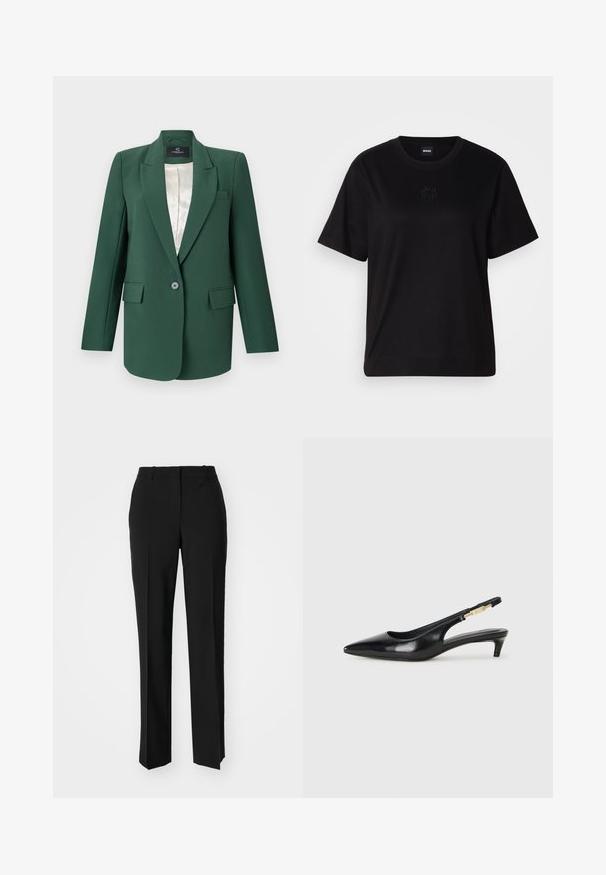 Green tailored blazer with notch lapels, single button closure, two front pockets, and a satin inner lining. Smooth fabric texture.; Black cotton t-shirt with a crew neckline, short sleeves, and an embroidered logo on the chest. Simple, relaxed fit with no patterns.; Black tailored trousers with a straight-leg design, featuring a smooth texture and crisp creases along the front. No visible hardware.; Black leather slingback heels with a pointed toe, featuring a slim heel and a gold-tone accent on the adjustable strap. Smooth texture.
