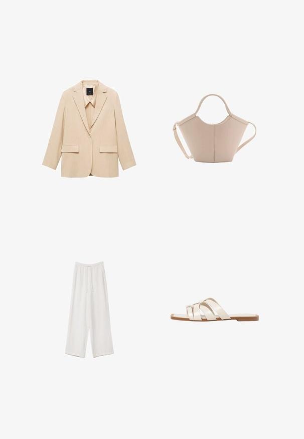 Beige ribbad kavaj med en strukturerad silhuett, slagkrage, två framfickor och enstaka knappstängning. Slät tygtextur.; Ljust grå kortärmad topp med djup V-ringning och fyra-knapps knäppning, tillverkad av mjukt tyg med en slät textur.; Vita vida byxor i vid passform gjorda av ett lättviktsmaterial. Har en elastisk midja med dragsko och sidofickor. Slät textur.; Platta sandaler med en brun gummisula, designade med tre överlappande vita läderspännen och en liten rosett i mitten.; Beige läderhandväska med en unik form, med två korta handtag och ett långt justerbart axelband. Slät textur med minimal hårdvara.