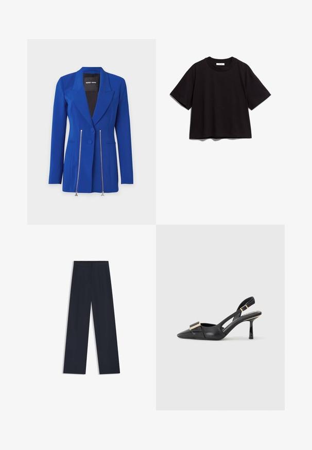 Ljusblå kavaj med en strukturerad design, dubbelknapplåsning och silverfärgad dragkedja fram. Slät tyg med långa ärmar.; Svart bomullskortärmad t-shirt med rund halsringning och korta ärmar. Har en avslappnad passform och en enkel, odekorerad design.; Marinblå vida byxor med elastisk midja, två sidofickor och en slät, vävd textur. Inga synliga mönster eller metalliska detaljer.; Svart läder slingback-sko med spetsig tå, smal klack och guldfärgad detalj på vampen. Slät textur och strukturerad design.