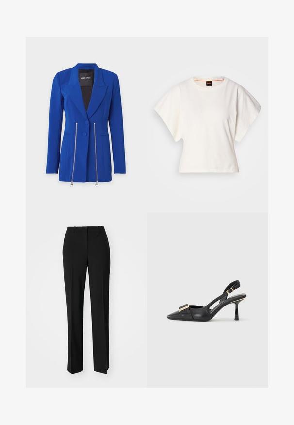 Bright blue blazer featuring a structured design, double-button closure, and silver zippers at the front. Smooth fabric with long sleeves.; White cropped T-shirt, short wide sleeves, soft cotton material, round neckline with subtle orange trim, minimal design, no patterns or graphics.; Black tailored trousers with a straight-leg design, featuring a smooth texture and crisp creases along the front. No visible hardware.; Black leather slingback shoe with pointed toe, slender heel, and gold-tone hardware accent on the vamp. Smooth texture and structured design.