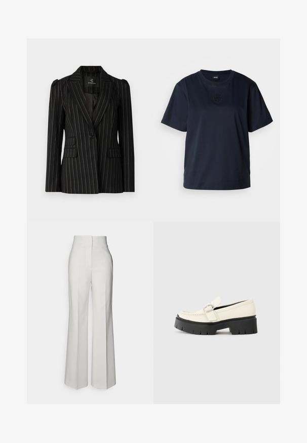 Bruuns Bazaar DECUMARIABBNORA BLAZER - Blazer - black with lurex; Camiseta de manga corta azul marino hecha de algodón suave. Presenta un cuello redondeado y un sutil logo bordado en el pecho.; Pantalones blancos de pierna ancha con cintura alta, hechos de una tela suave, que presentan detalles de pliegues en la parte delantera y líneas limpias.; Mocasines de piel blanca con suela de plataforma negra gruesa, que cuentan con una hebilla rectangular plateada y detalles de costura visibles en la parte superior.