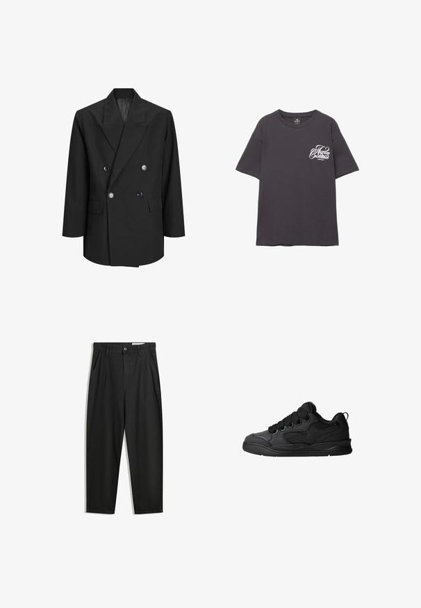 Schwarzer doppelt-knöpfbarer Blazer aus strukturiertem Stoff mit Spitzrevers, zwei vorderen Taschen und großen runden Knöpfen.; Graues Baumwoll-T-Shirt mit kurzen Ärmeln, Rundhalsausschnitt und weißem Drucktext auf der linken Brust. Weiche Textur und lockere Passform.; Schwarze Baumwollhose mit lockerem Schnitt, ausgestattet mit einem klassischen Bund, vorderen Falten und Seiten taschen. Glatte Textur ohne Muster.; Schwarze Sneaker mit strukturiertem Obermaterial, ausgestattet mit Schnürsenkeln, Mesh-Akzenten für Atmungsaktivität, gepolstertem Kragen und einer stabilen Laufsohle.