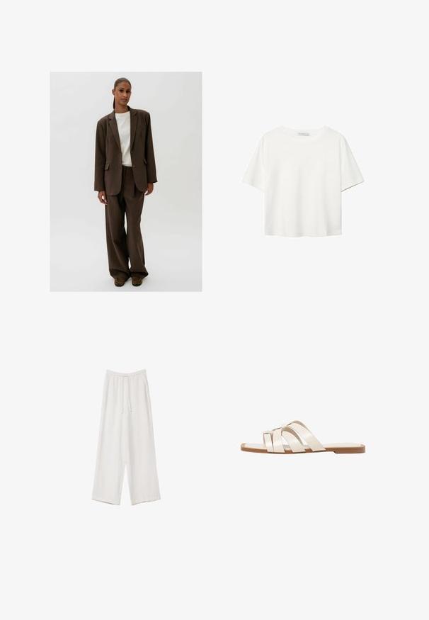 Hnedý strihový oblek s dvojradovým sakom a nohavicami so širokým strihom, skombinovaný s jednoduchou bielou košeľou. Hladká tkanina, štruktúrovaný dizajn.; Biela krátkopsová tričko vyrobené z bavlny. Má okrúhly výstrih a voľný strih. Hladká textúra bez viditeľných vzorov alebo akcentov.; Biele široké nohavice vyrobené z ľahkej tkaniny. Obsahujú elastický pás so sťahovacou šnúrkou a bočné vrecká. Hladká textúra.; Ploché sandále s hnedou gumovou podrážkou, navrhnuté s tromi prekrývajúcimi sa bielymi koženými popruhmi a malou mašličkou uprostred.