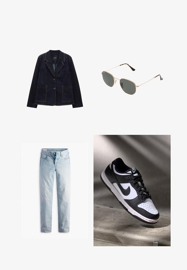 someday. NIARA - Giacca di jeans - dark rinsed blue; T-shirt bianca a maniche corte realizzata in cotone morbido, con colletto rotondo e maniche raglan, caratterizzata da un taglio rilassato e dritto senza motivi.; Jeans in denim blu chiaro con taglio dritto, due tasche frontali e due tasche posteriori. Include una chiusura a due bottoni e cuciture sottili.; Sneaker Nike Dunk Low in bianco e nero con tomaia in pelle, punta perforata e lacci neri, caratterizzata da una suola bianca e dettagli del logo.; Occhiali da sole con montatura in metallo dorato e lenti verde scuro, stile aviator, con aste sottili e dettagli in tartaruga sulle punte.